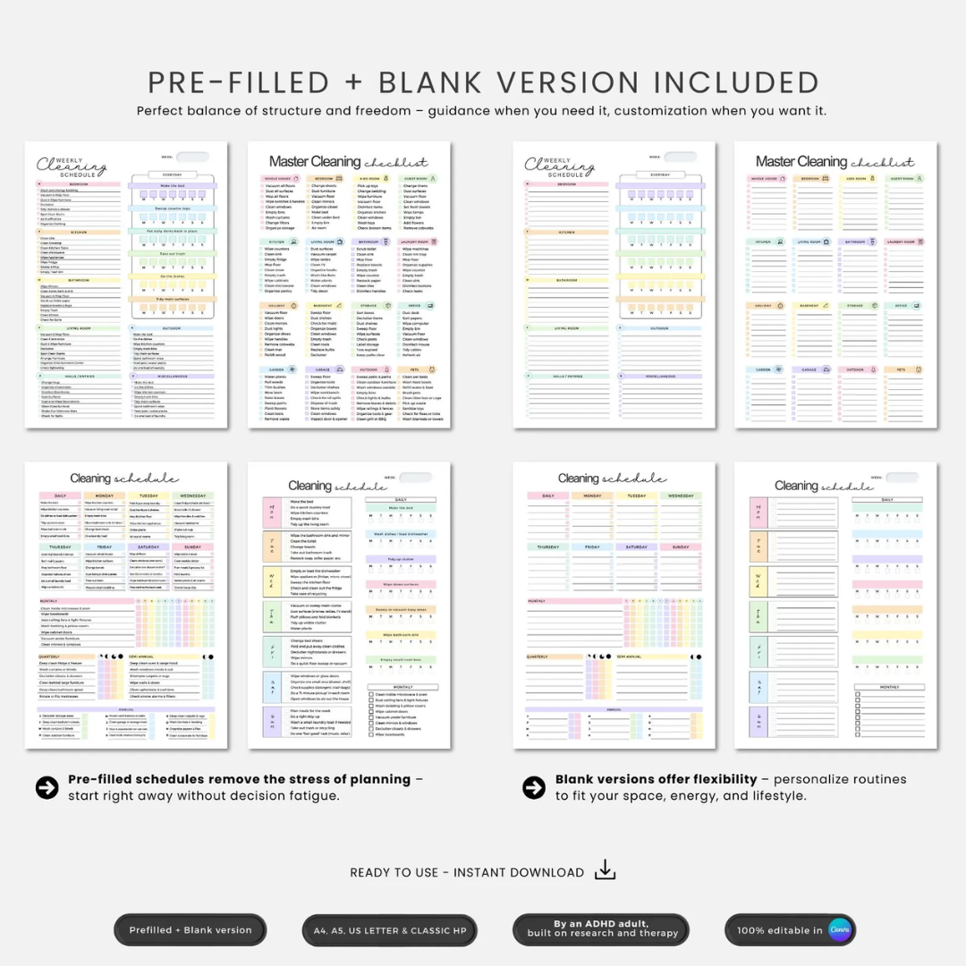 ADHD Cleaning Planner +500 Stickers! Checklists, Tips, & Hacks. Made By An ADHD Adult, Built On Research And Therapy. Editable In Canva
