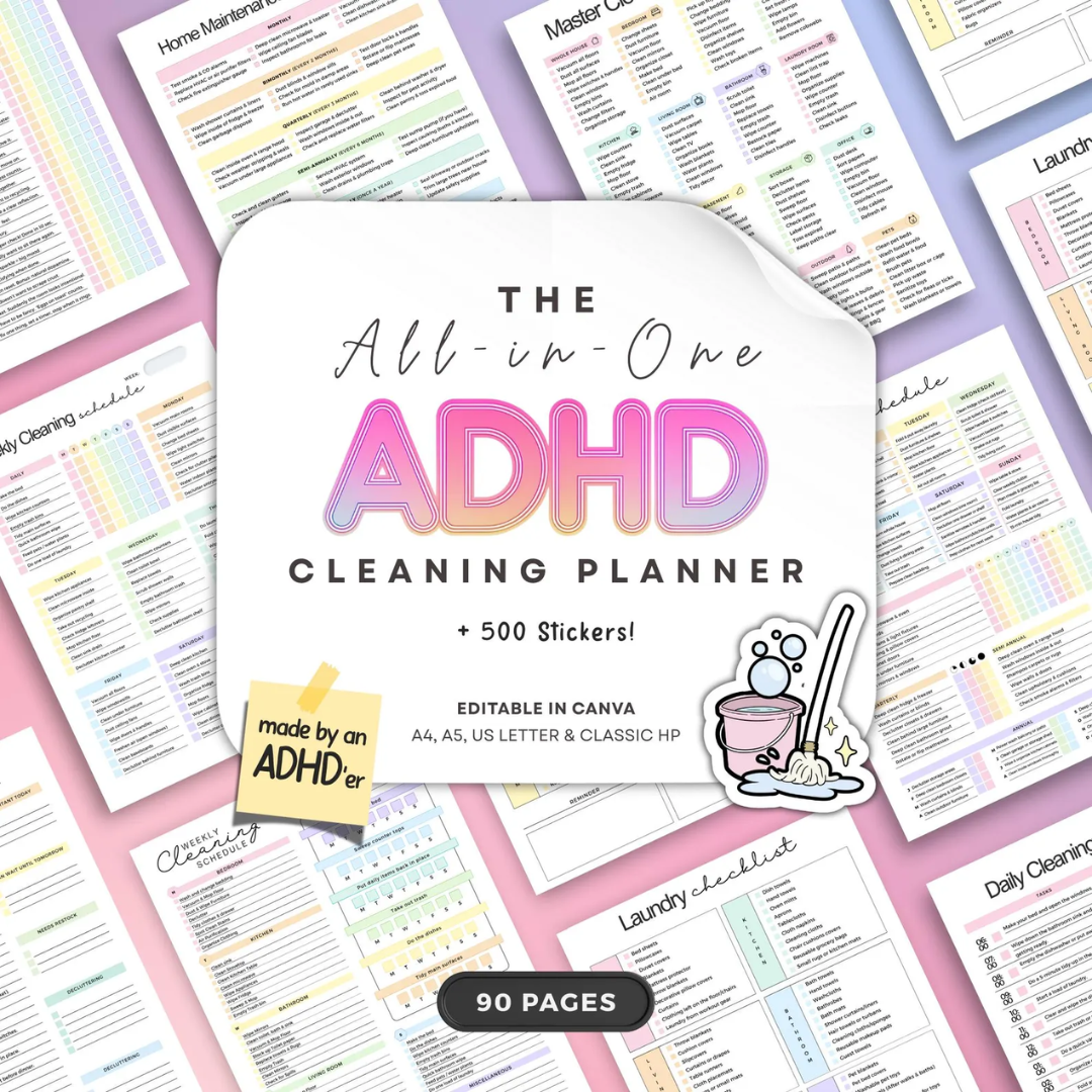 ADHD Cleaning Planner +500 Stickers! Checklists, Tips, & Hacks. Made By An ADHD Adult, Built On Research And Therapy. Editable In Canva