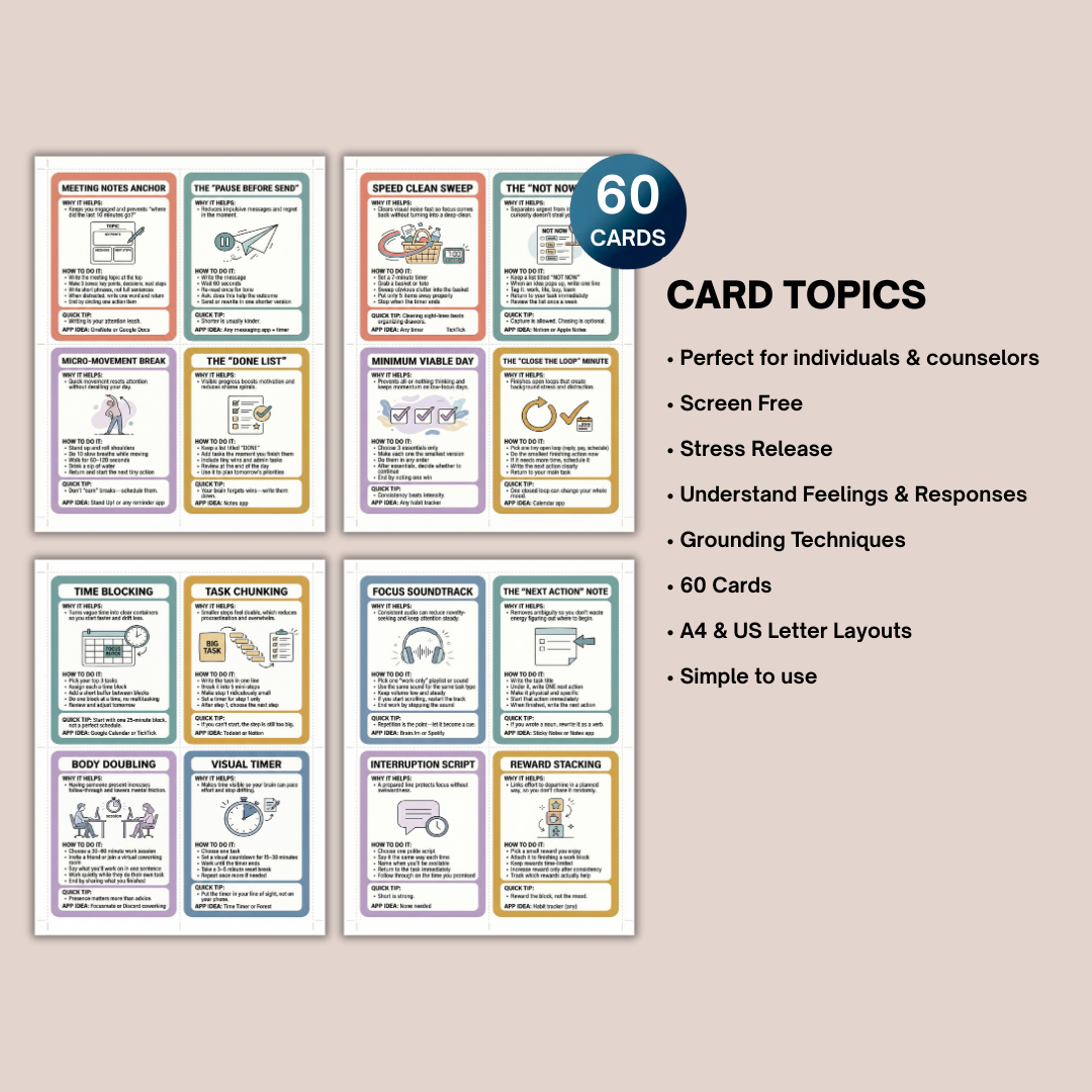 40 Flash Cards, Coping Skills, Executive Functioning Strategies, Mental Health Wellness, Productivity Prompts
