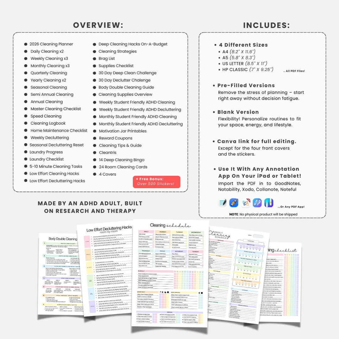 ADHD Cleaning Planner +500 Stickers! Checklists, Tips, & Hacks. Made By An ADHD Adult, Built On Research And Therapy. Editable In Canva