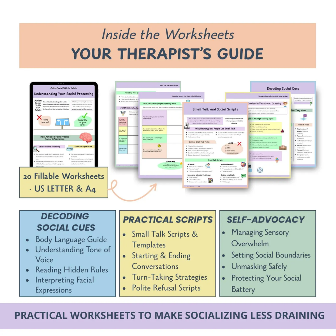 Autism Social & Life Skills Worksheets for Adults, Neurodivergent Communication Tools, Social Cues, Sensory Support (Fillable Workbook)