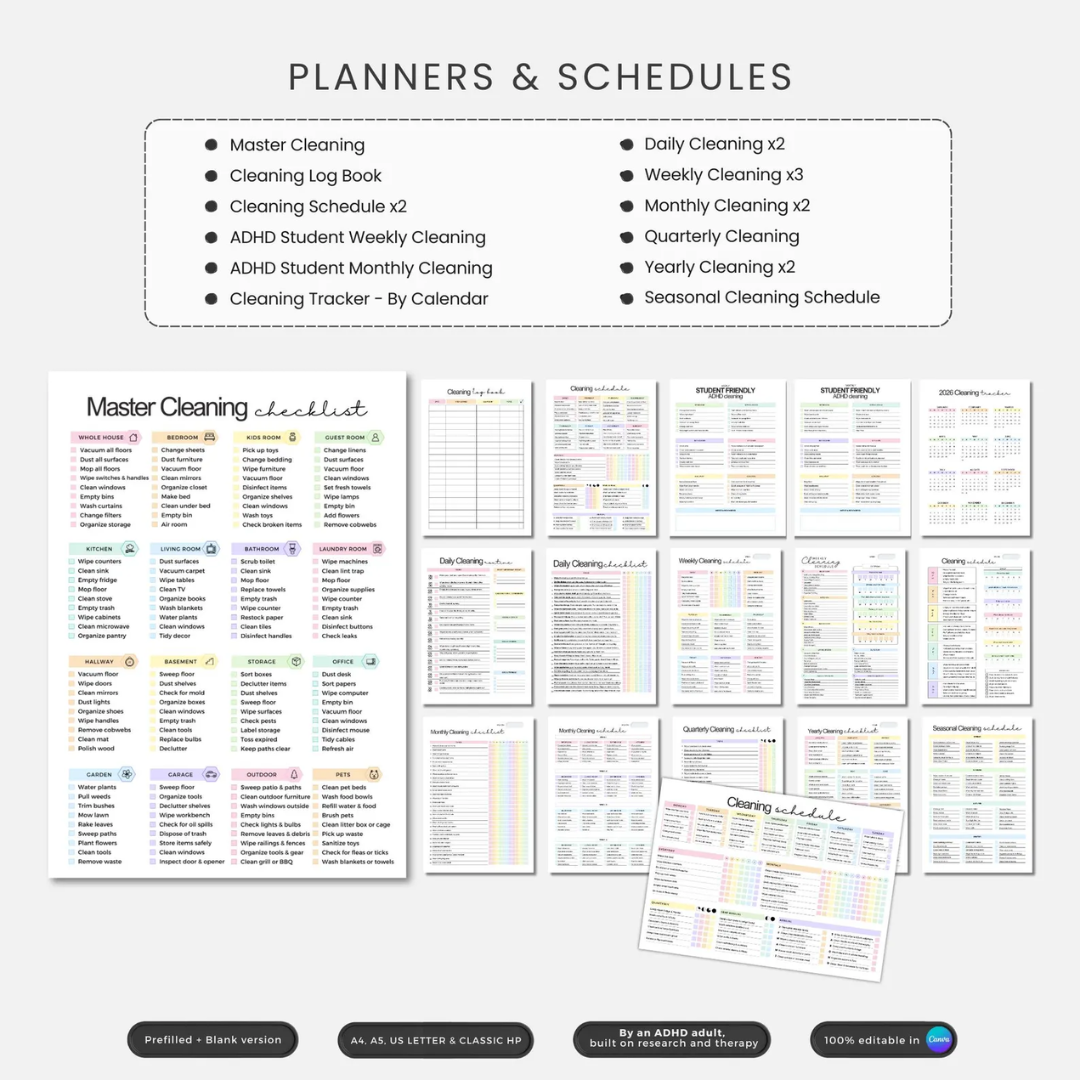 ADHD Cleaning Planner +500 Stickers! Checklists, Tips, & Hacks. Made By An ADHD Adult, Built On Research And Therapy. Editable In Canva