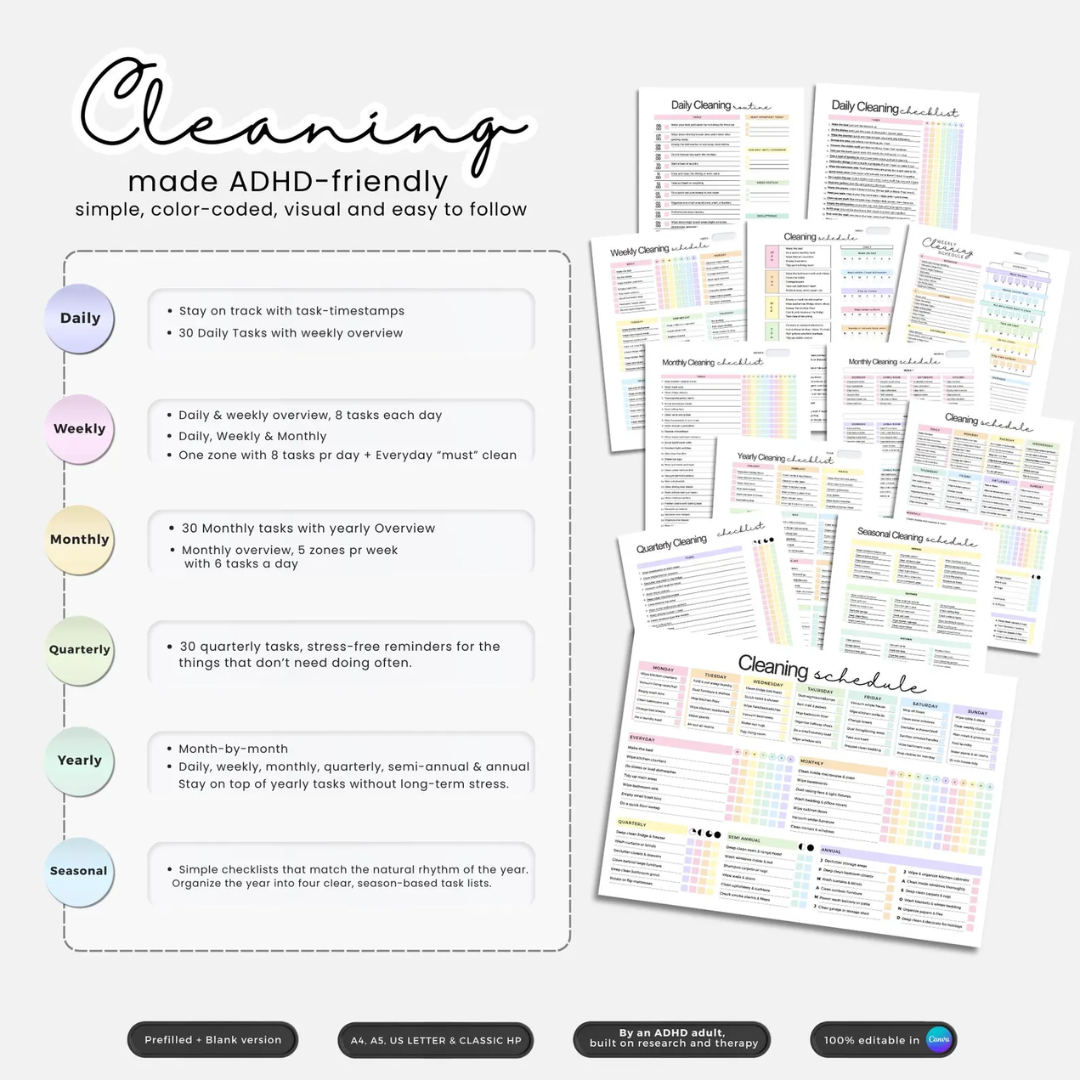 ADHD Cleaning Planner +500 Stickers! Checklists, Tips, & Hacks. Made By An ADHD Adult, Built On Research And Therapy. Editable In Canva