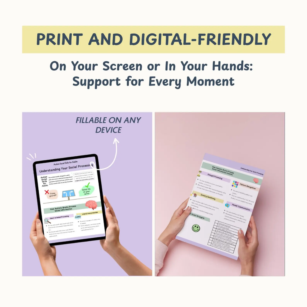 Autism Social & Life Skills Worksheets for Adults, Neurodivergent Communication Tools, Social Cues, Sensory Support (Fillable Workbook)