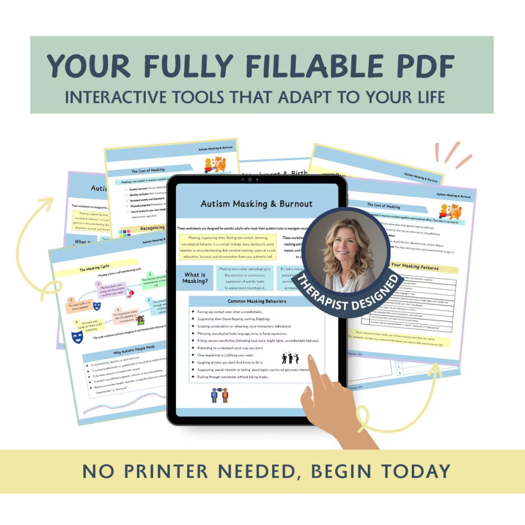 Autism Masking & Burnout Worksheets: Unmasking Support for Neurodivergent Autistic Adults (Fillable PDF)