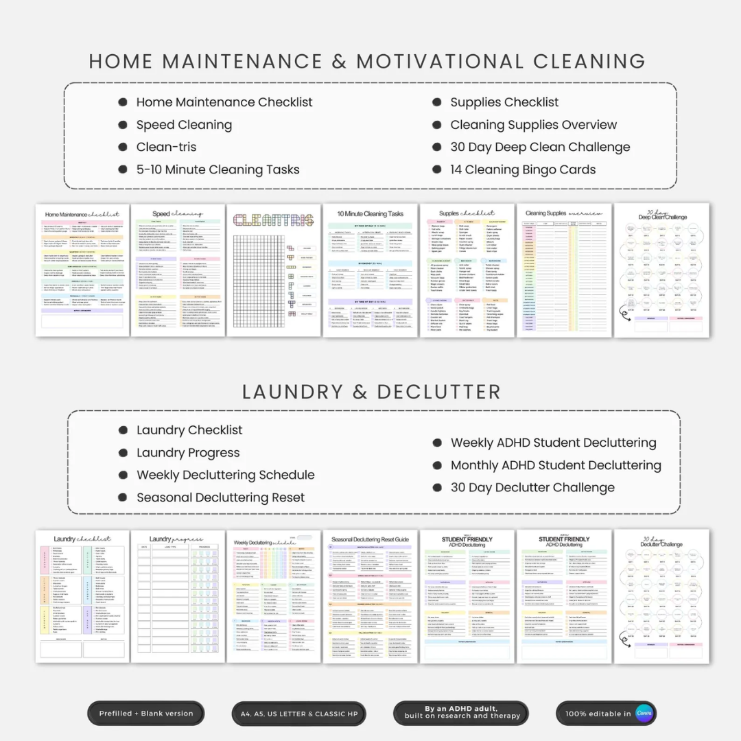 ADHD Cleaning Planner +500 Stickers! Checklists, Tips, & Hacks. Made By An ADHD Adult, Built On Research And Therapy. Editable In Canva