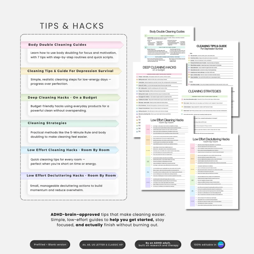 ADHD Cleaning Planner +500 Stickers! Checklists, Tips, & Hacks. Made By An ADHD Adult, Built On Research And Therapy. Editable In Canva