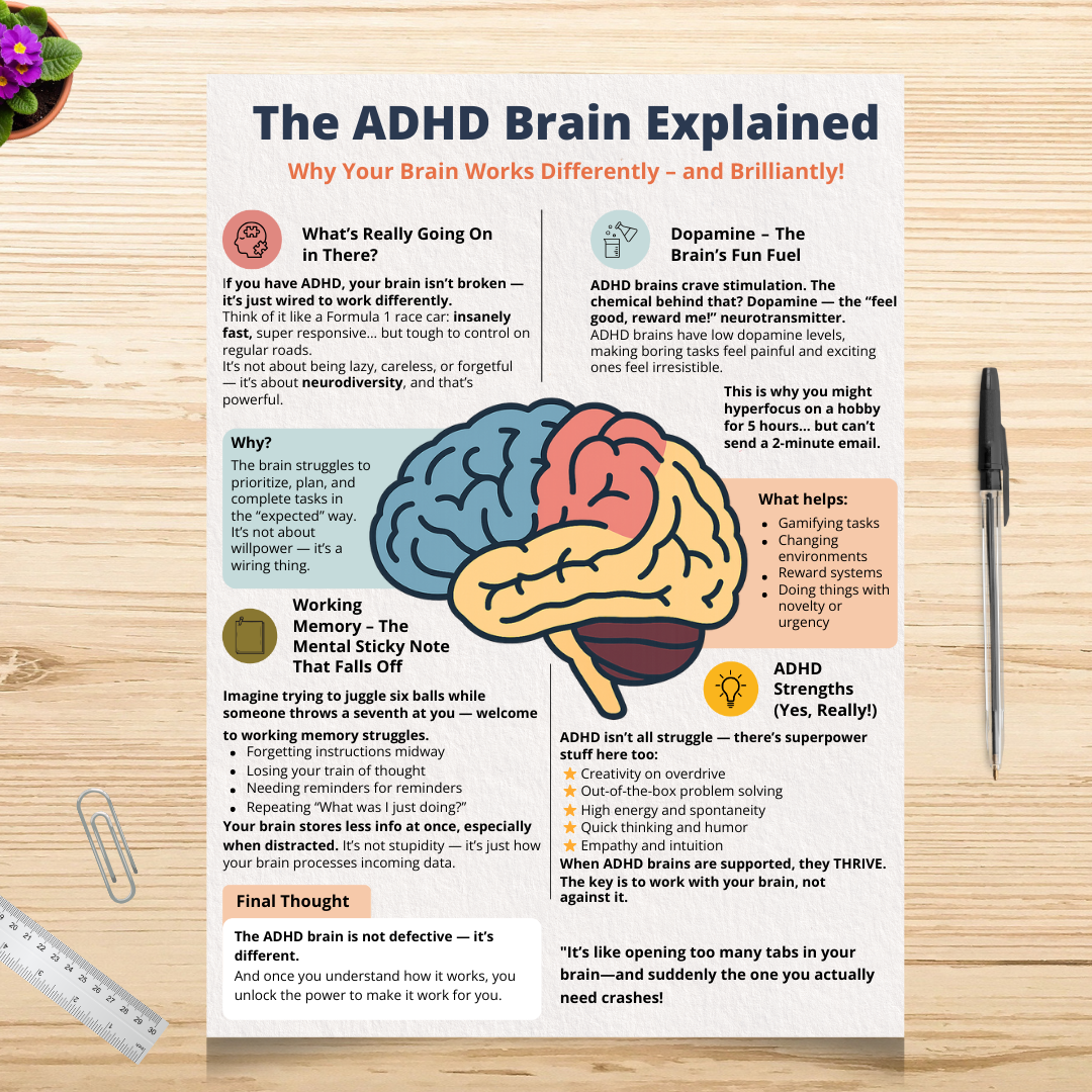 ADHD Brain Explained Cheat Sheet, Neurodiversity Educational Printable, Executive Function and Therapy Handout