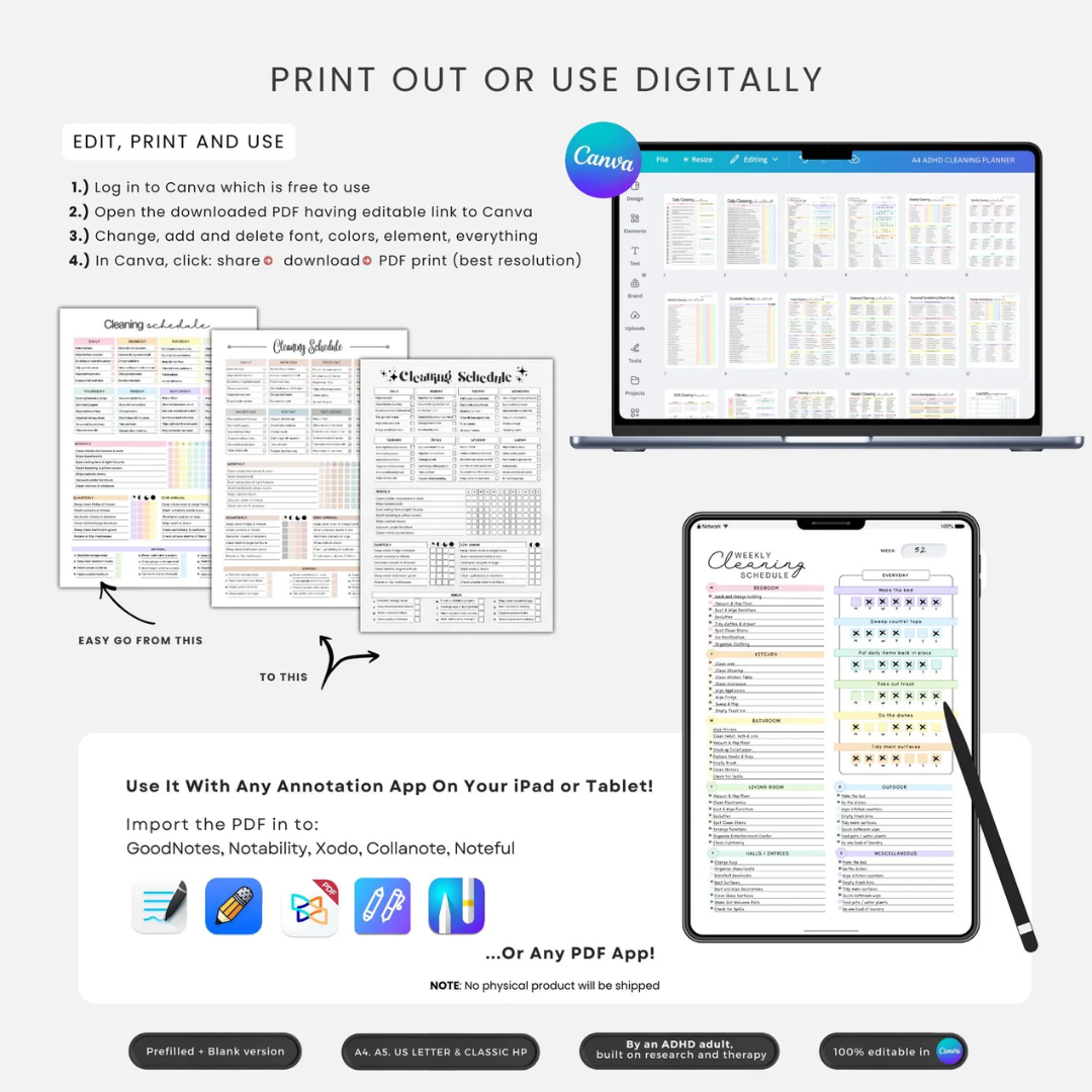 ADHD Cleaning Planner +500 Stickers! Checklists, Tips, & Hacks. Made By An ADHD Adult, Built On Research And Therapy. Editable In Canva