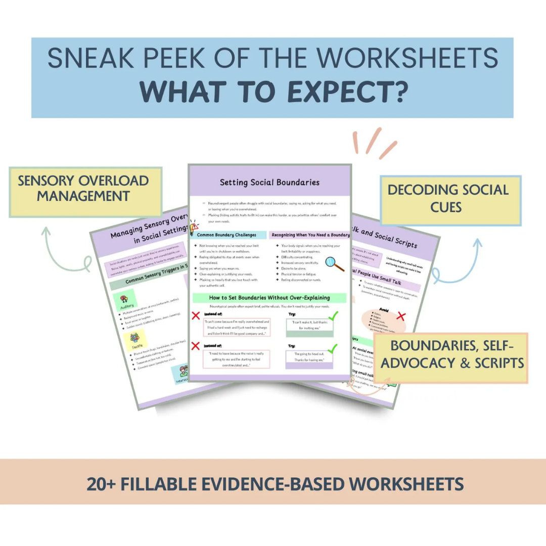 Autism Social & Life Skills Worksheets for Adults, Neurodivergent Communication Tools, Social Cues, Sensory Support (Fillable Workbook)