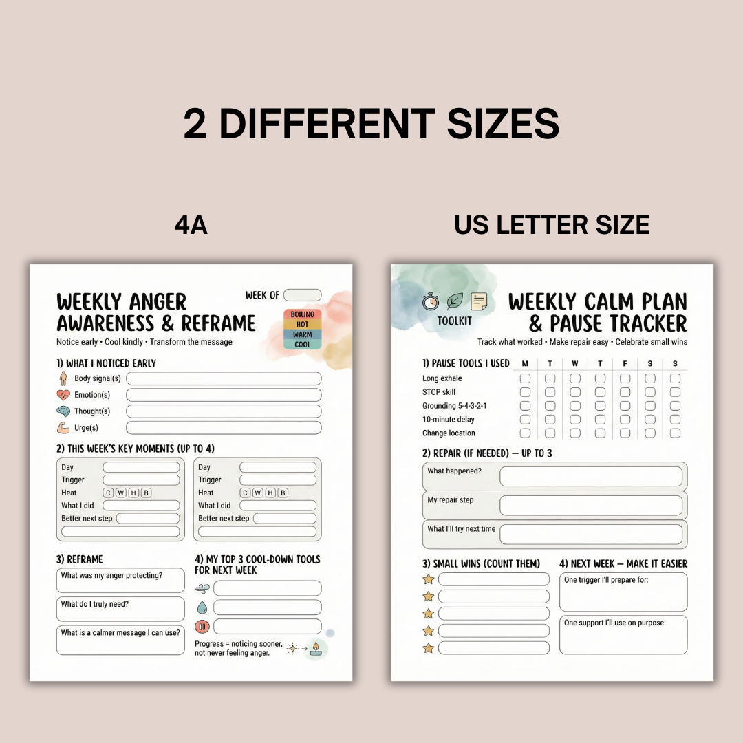 Impulse Control Worksheets Bundle + Anger Management Wheel Poster, Self-Regulation Skills for Teens & Adults, Emotional Regulation Therapy