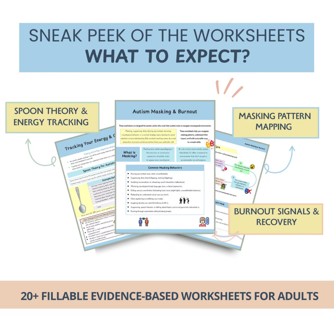Autism Masking & Burnout Worksheets: Unmasking Support for Neurodivergent Autistic Adults (Fillable PDF)