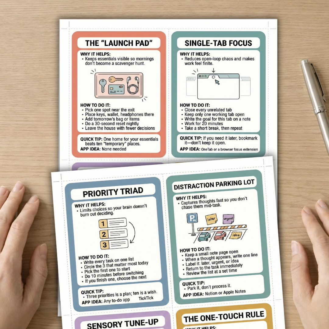 40 Flash Cards, Coping Skills, Executive Functioning Strategies, Mental Health Wellness, Productivity Prompts