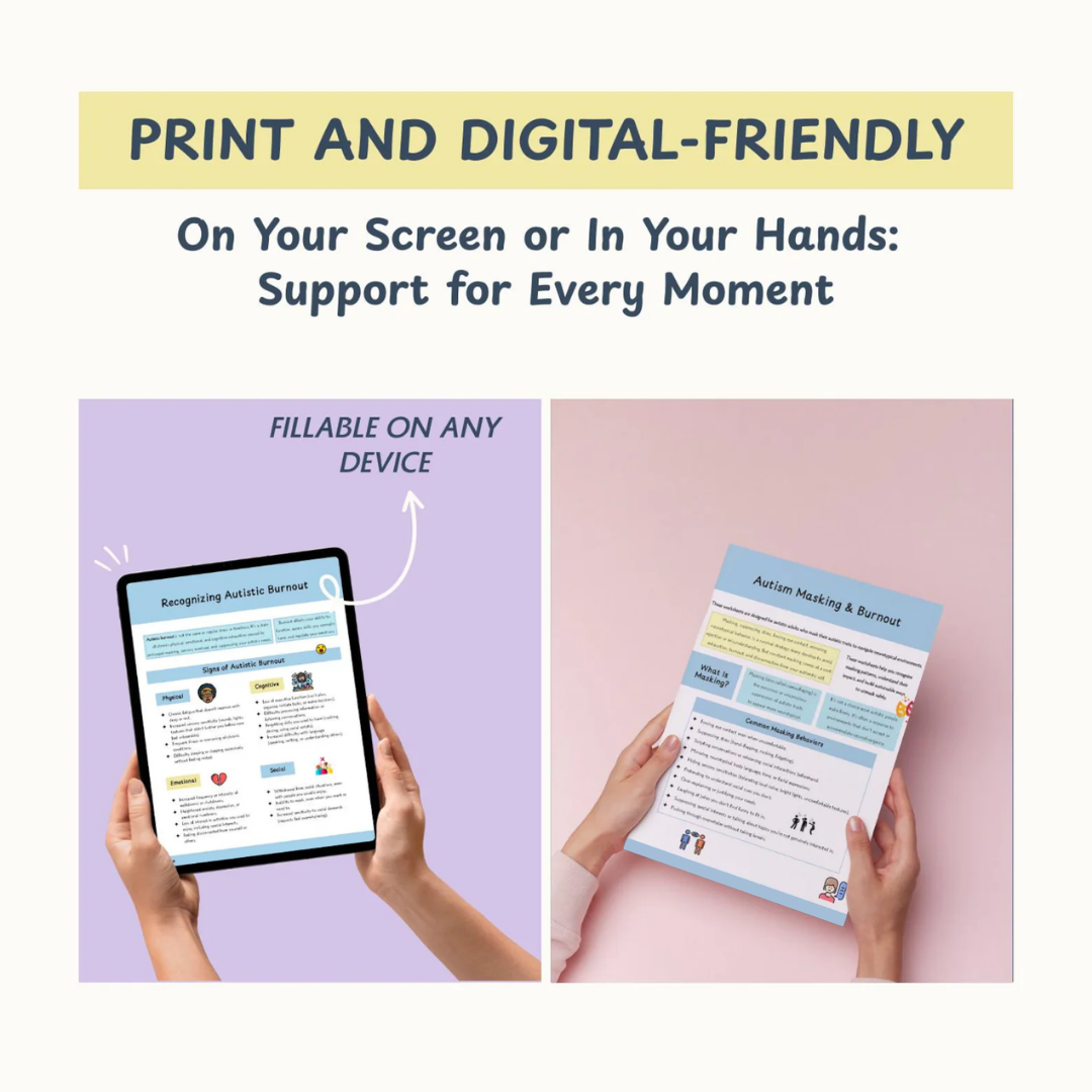 Autism Masking & Burnout Worksheets: Unmasking Support for Neurodivergent Autistic Adults (Fillable PDF)