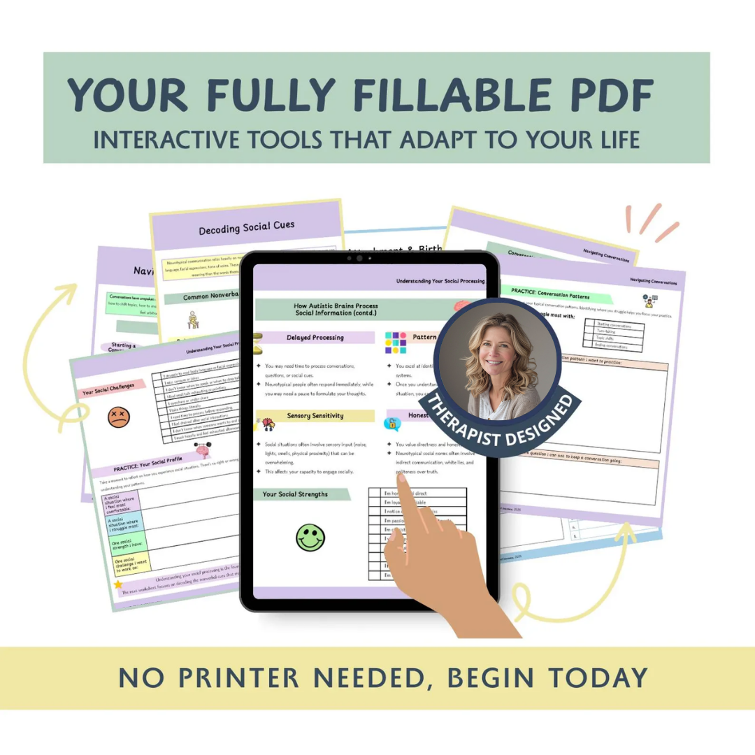 Autism Social & Life Skills Worksheets for Adults, Neurodivergent Communication Tools, Social Cues, Sensory Support (Fillable Workbook)