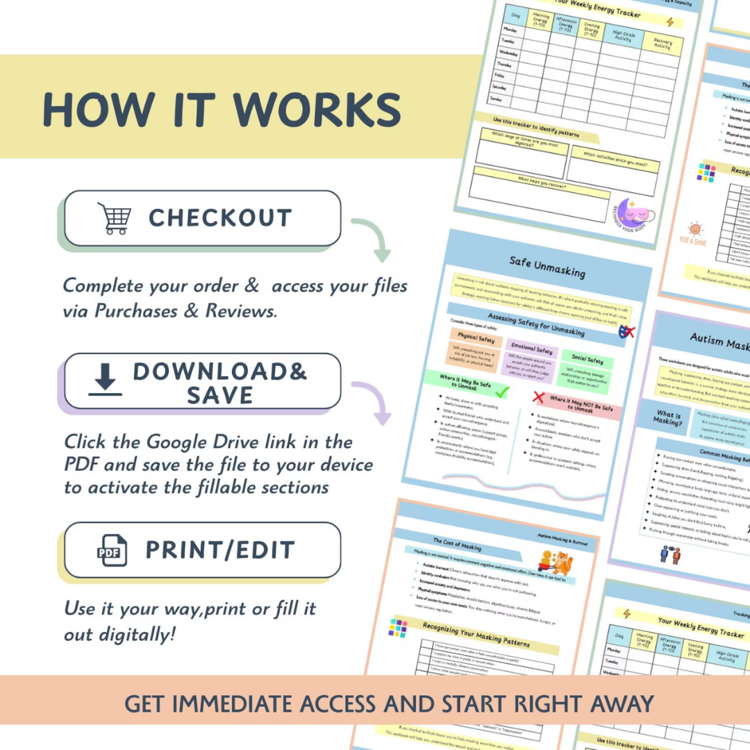 Autism Masking & Burnout Worksheets: Unmasking Support for Neurodivergent Autistic Adults (Fillable PDF)