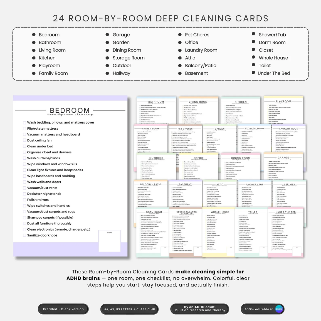 ADHD Cleaning Planner +500 Stickers! Checklists, Tips, & Hacks. Made By An ADHD Adult, Built On Research And Therapy. Editable In Canva