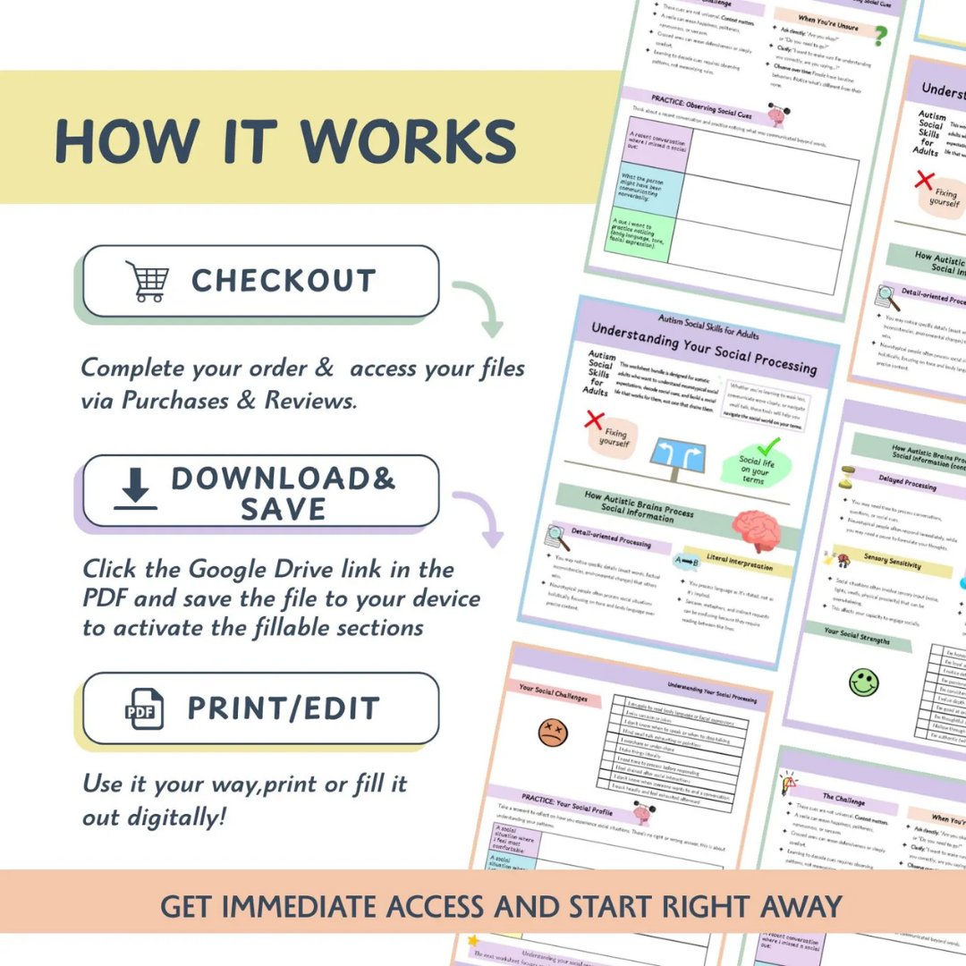 Autism Social & Life Skills Worksheets for Adults, Neurodivergent Communication Tools, Social Cues, Sensory Support (Fillable Workbook)